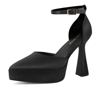 JENN ARDOR Black Satin Chunky‎ Platform Ankle-Strap Heels Size 8M
